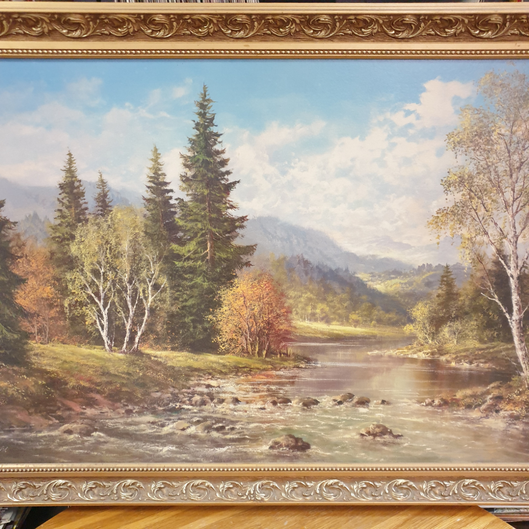 Картина "Осенняя река", размер полотна 100 х 59 см. Репринт на фанере.. Картинка 3